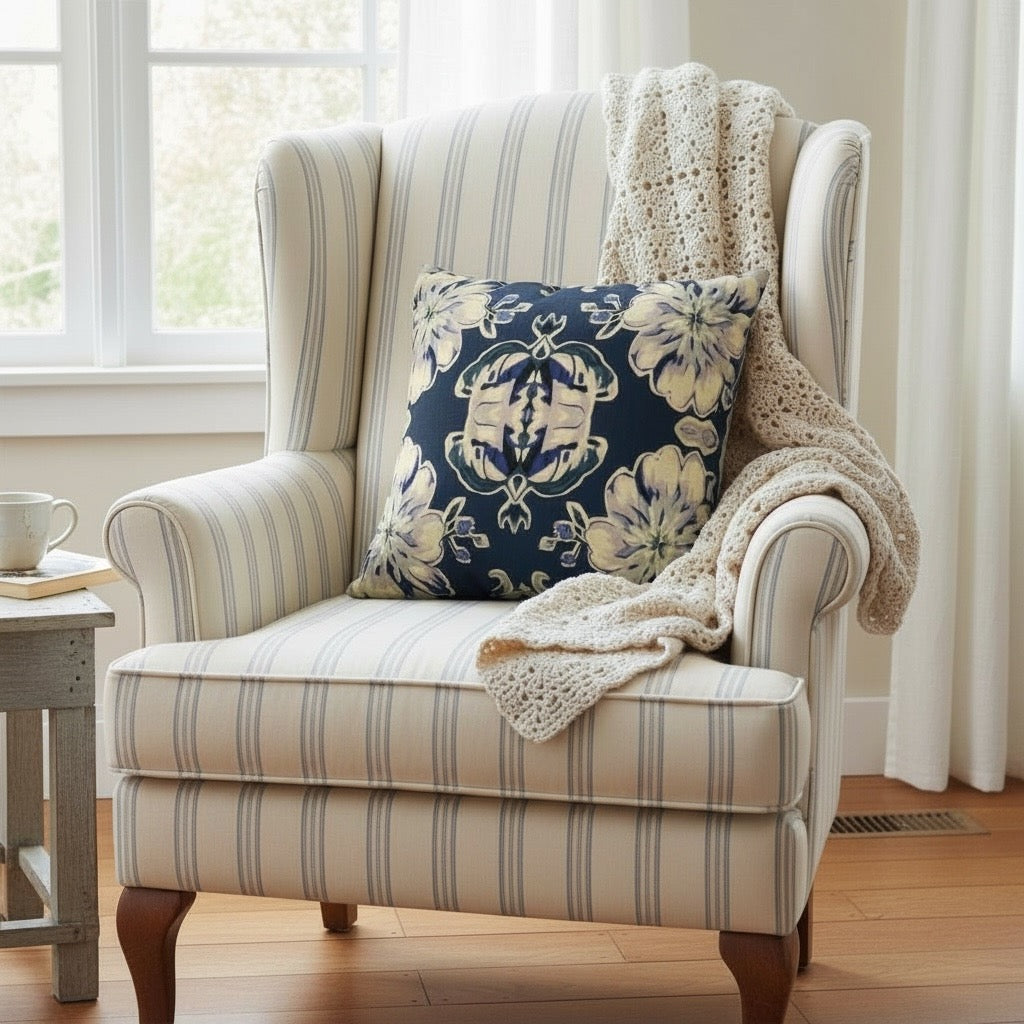 Blue Fleur Damask 22 x 22 Pillow Cover