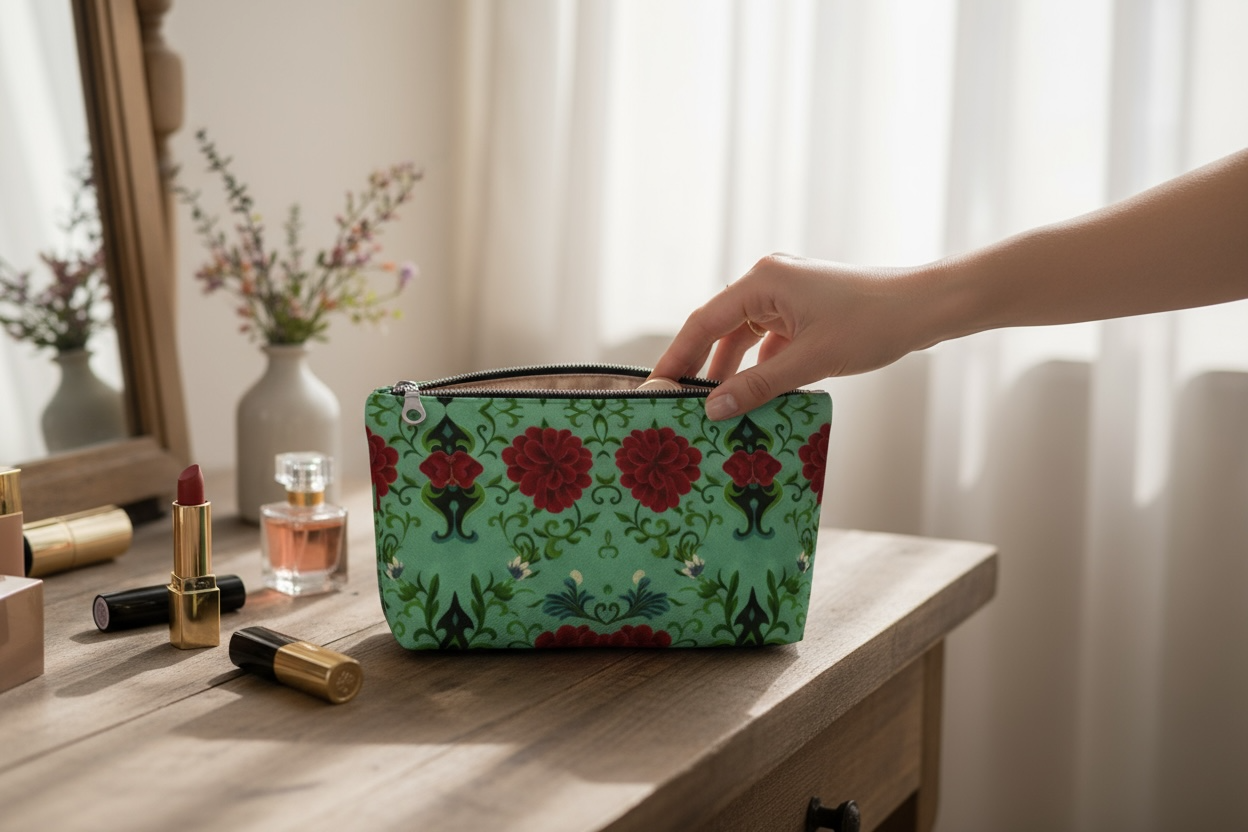 Imperial Peonies Mint Makeup Bag