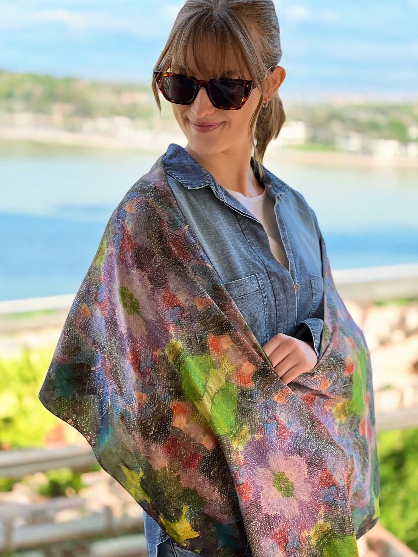Lilac Waterlilies Silk Long Scarf