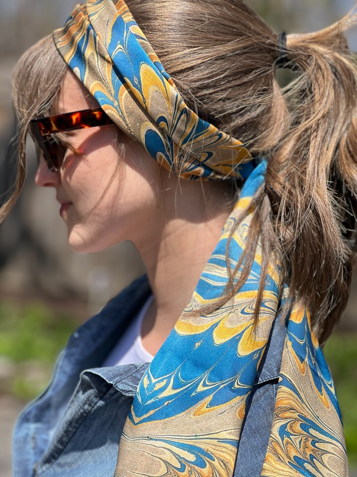 Prussian Blue Swirl Silk Long Scarf