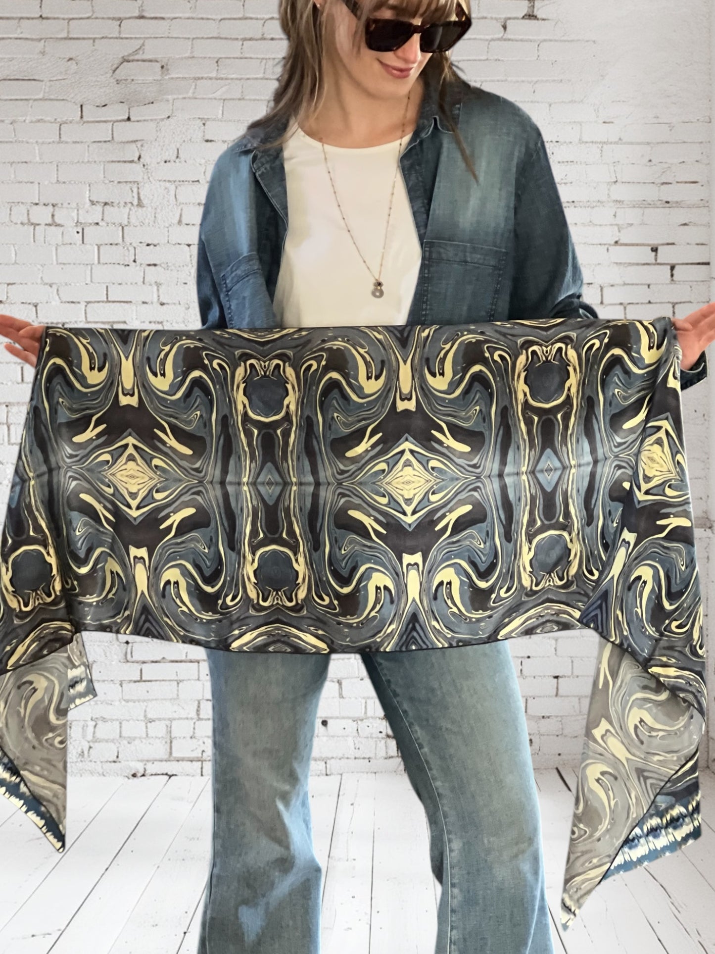 Mendocino Blues Diamond Long Silk Scarf