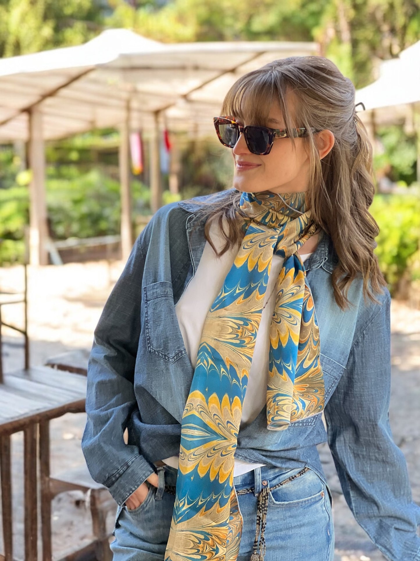 Prussian Blue Swirl Silk Long Scarf