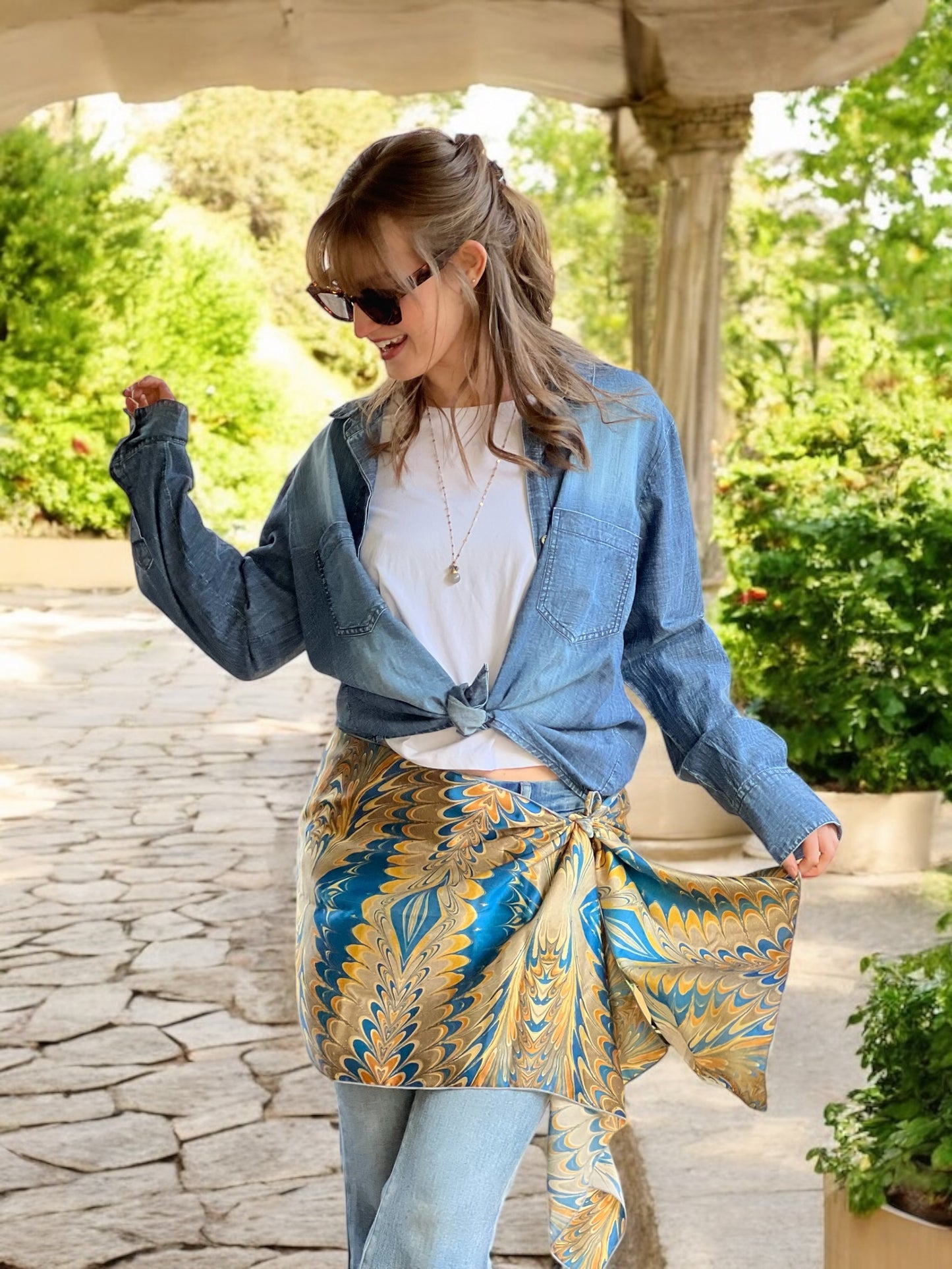 Prussian Blue Swirl Silk Long Scarf