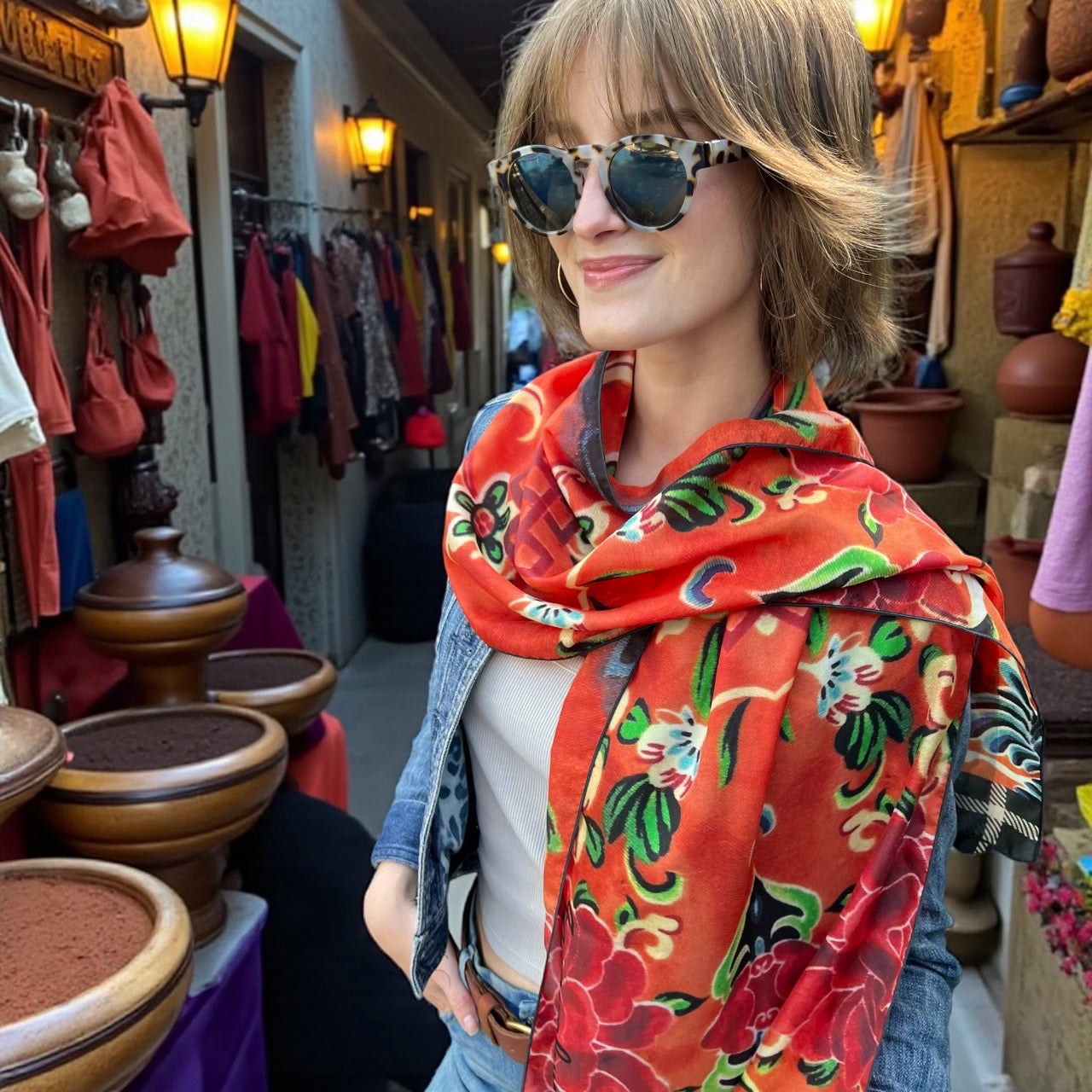 Jade and Flame Silk Long Scarf