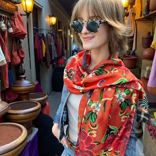 Jade and Flame Silk Long Scarf