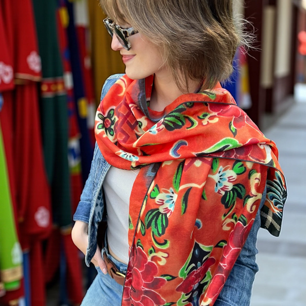 Jade and Flame Silk Long Scarf