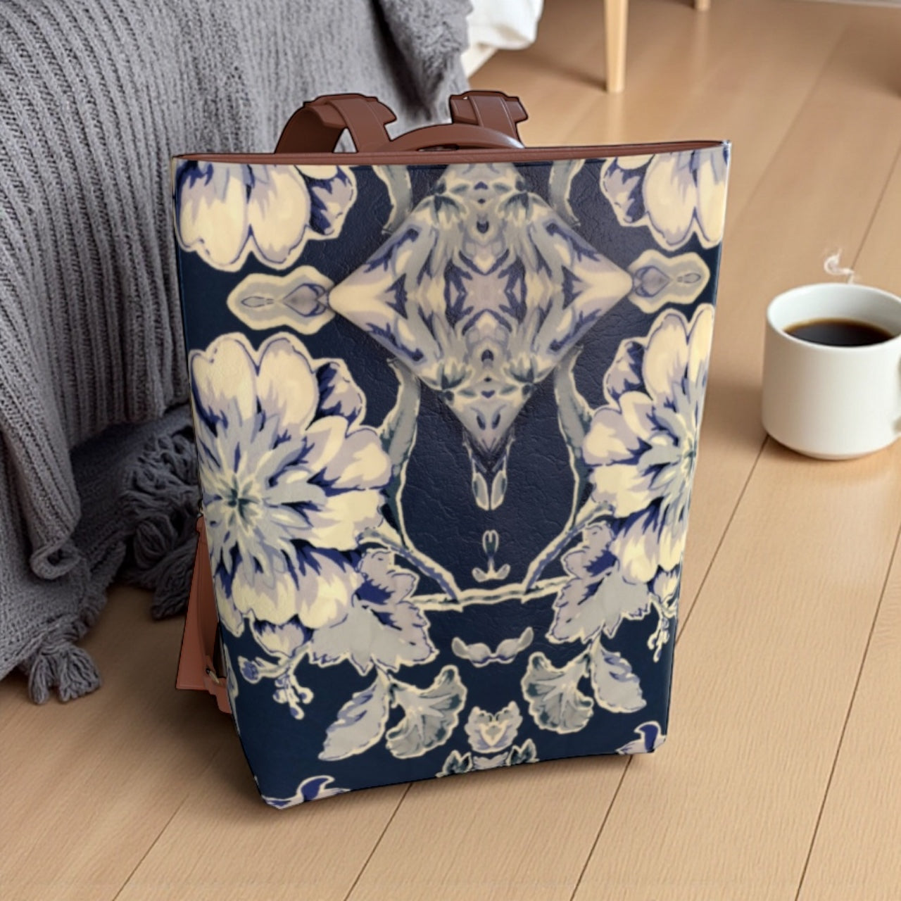 Blue Fleur Damask Vegan Leather Backpack