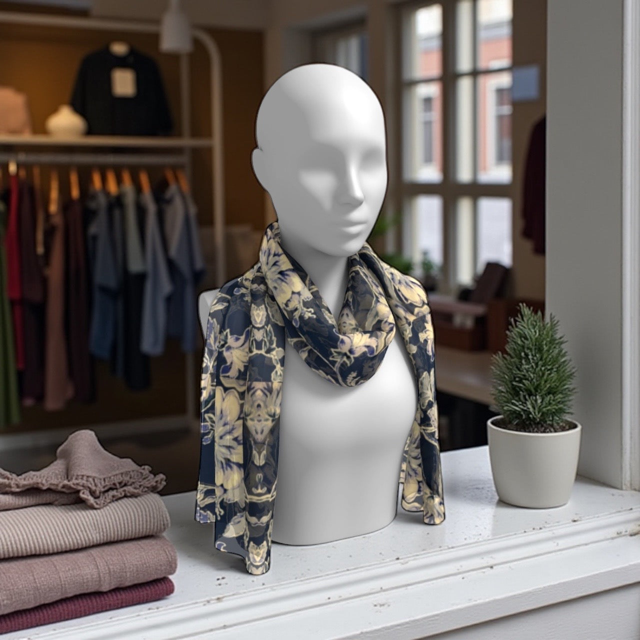 Blue Fleur Damask Silk Long Scarf