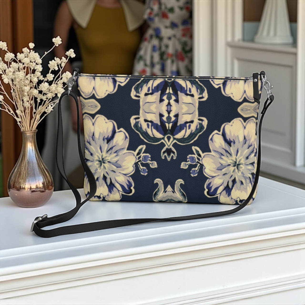 Blue Fleur Damask Vegan Leather Crossbody Bag