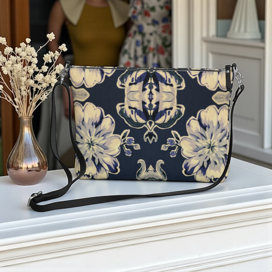 Blue Fleur Damask Vegan Leather Crossbody Bag