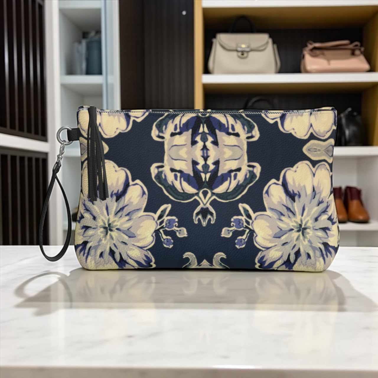 Blue Fleur Damask Vegan Leather Clutch
