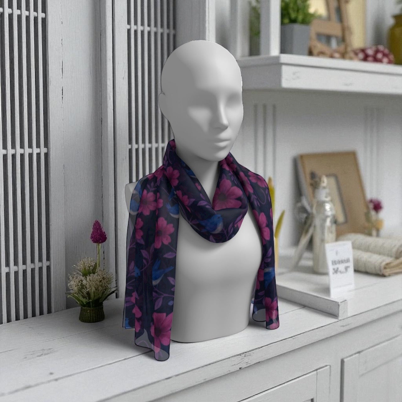 Songbird Bloom Plum Silk Long Scarf