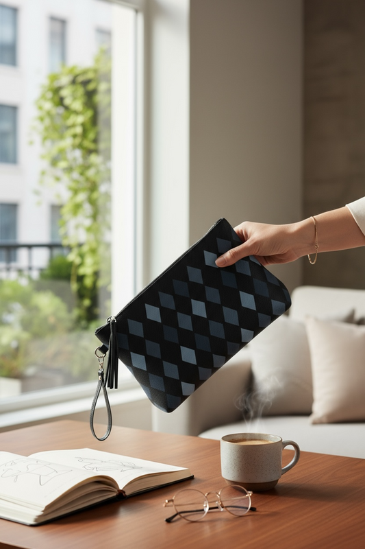 Midnight Argyle Vegan Leather Clutch Wristlet