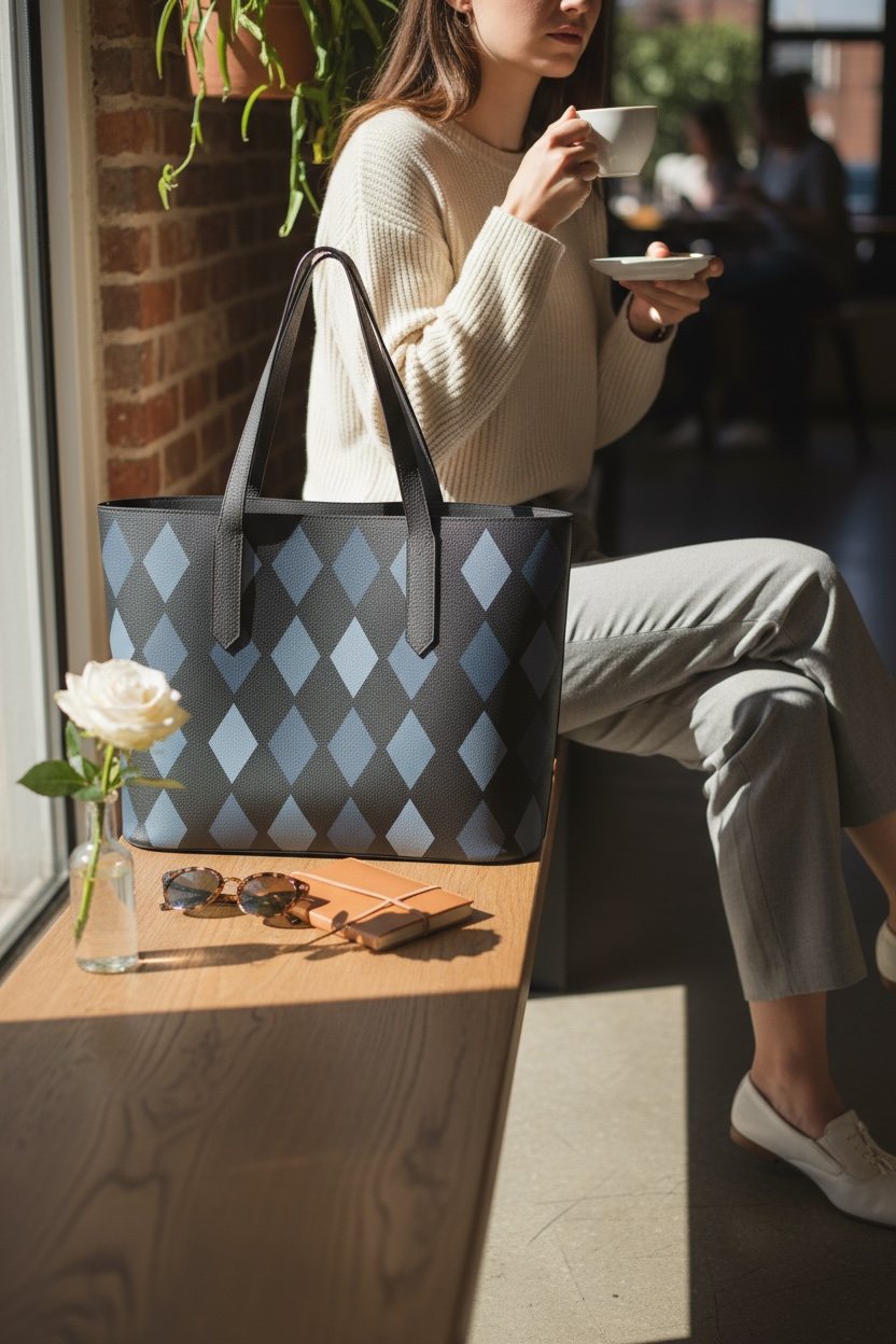 Midnight Argyle Vegan Leather Tote Bag