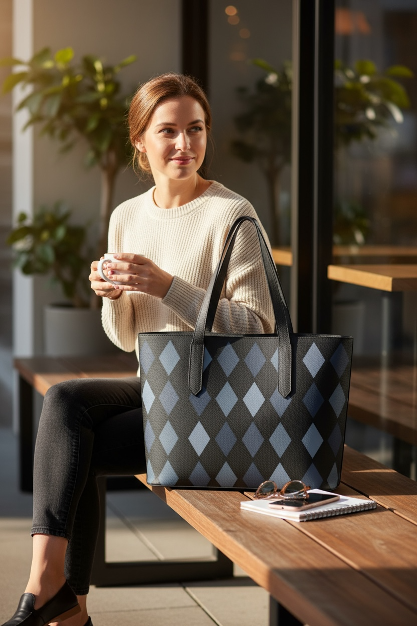 Midnight Argyle Vegan Leather Tote Bag