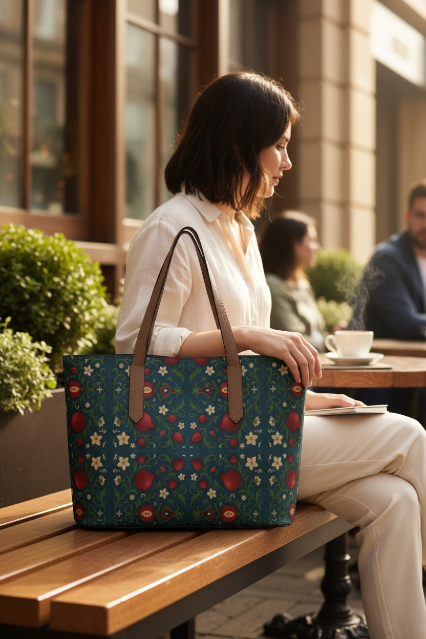 Winter Pomegranates Vegan Leather Tote Bag