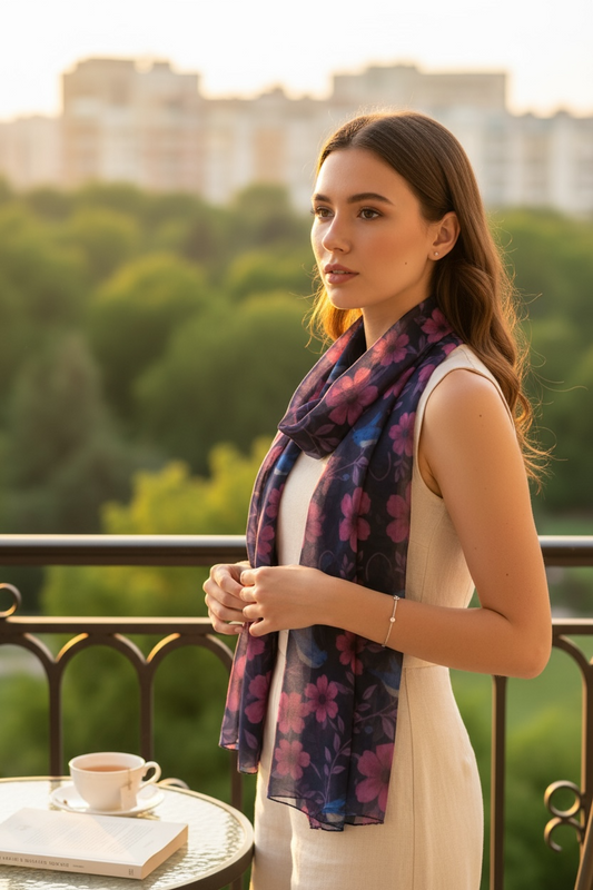 Songbird Bloom Plum Silk Long Scarf