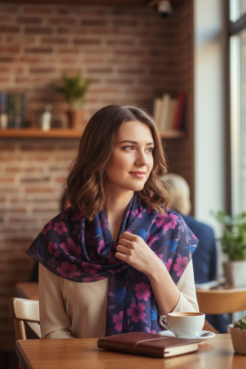 Songbird Bloom Plum Silk Long Scarf