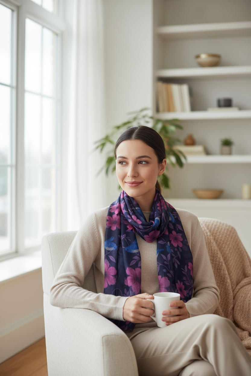 Songbird Bloom Plum Silk Long Scarf