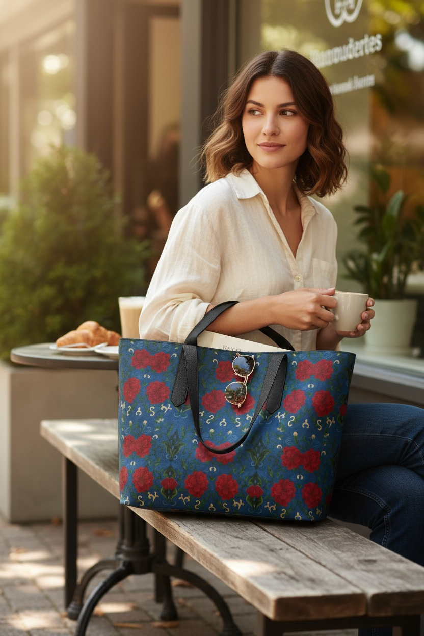 Imperial Peonies Sapphire Vegan Leather Tote Bag