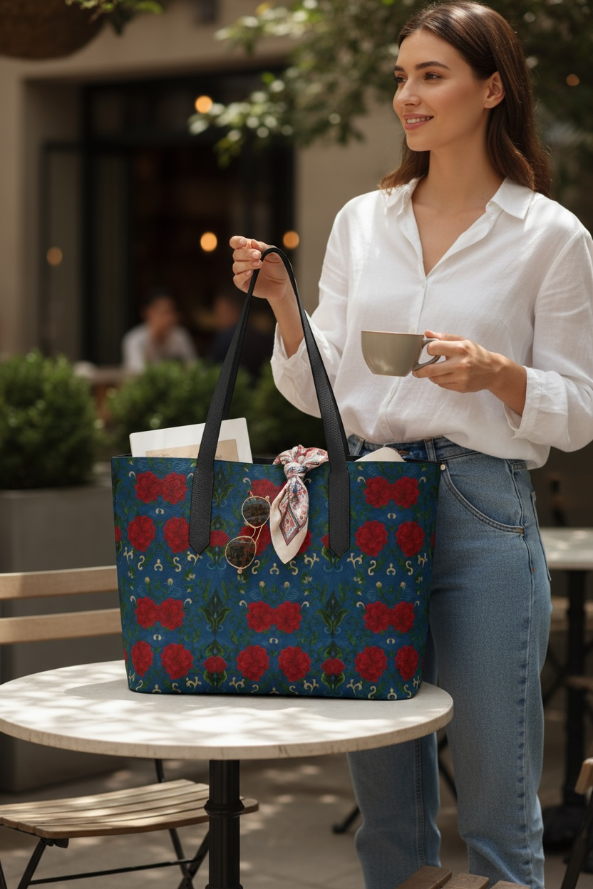Imperial Peonies Sapphire Vegan Leather Tote Bag