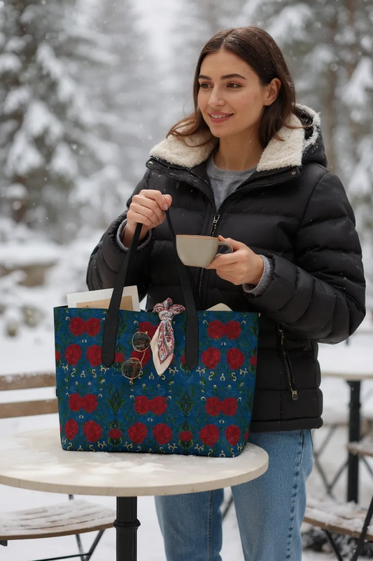Imperial Peonies Sapphire Vegan Leather Tote Bag