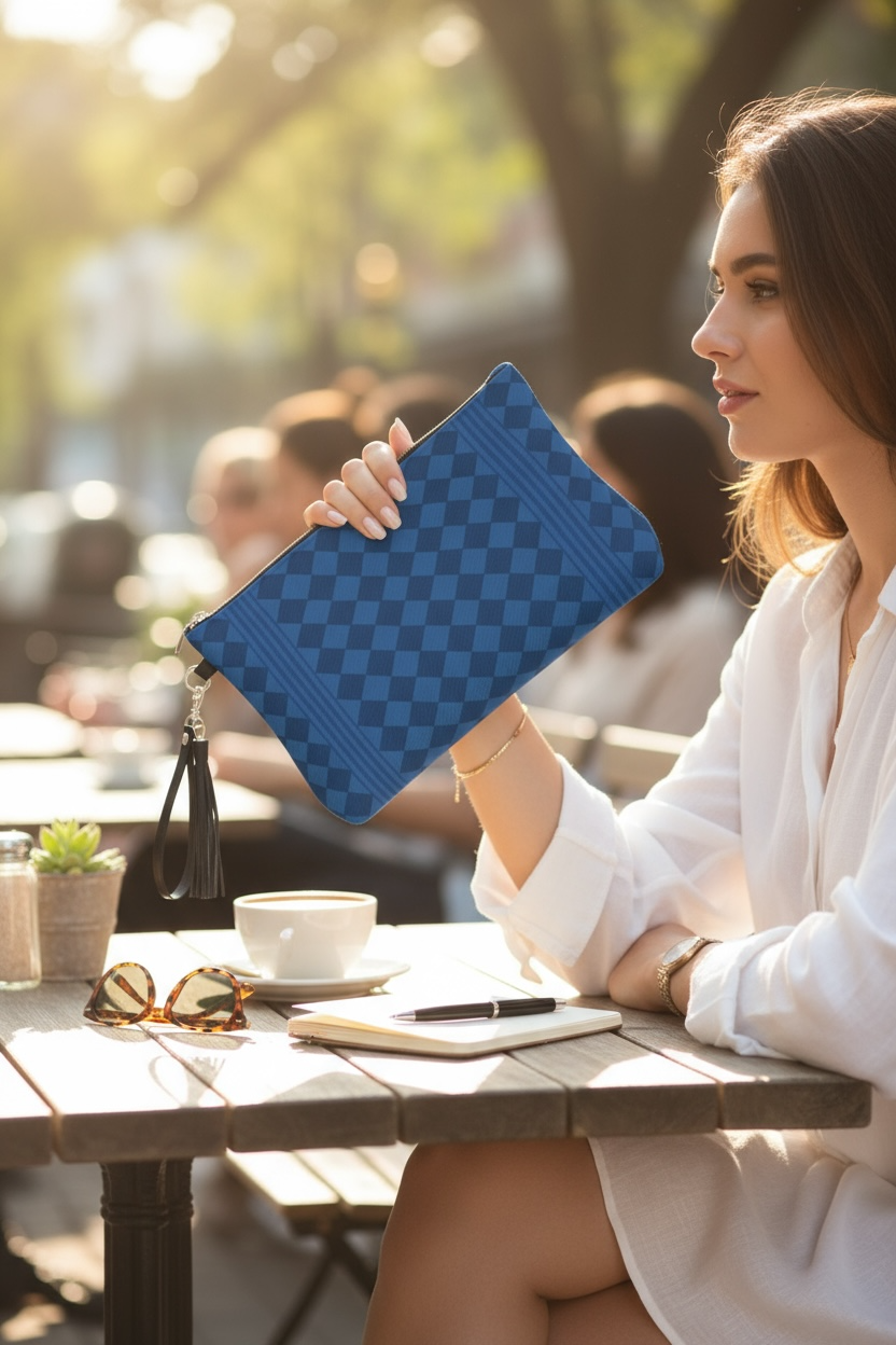 Royal Blue Harlequin Vegan Leather Clutch Wristlet