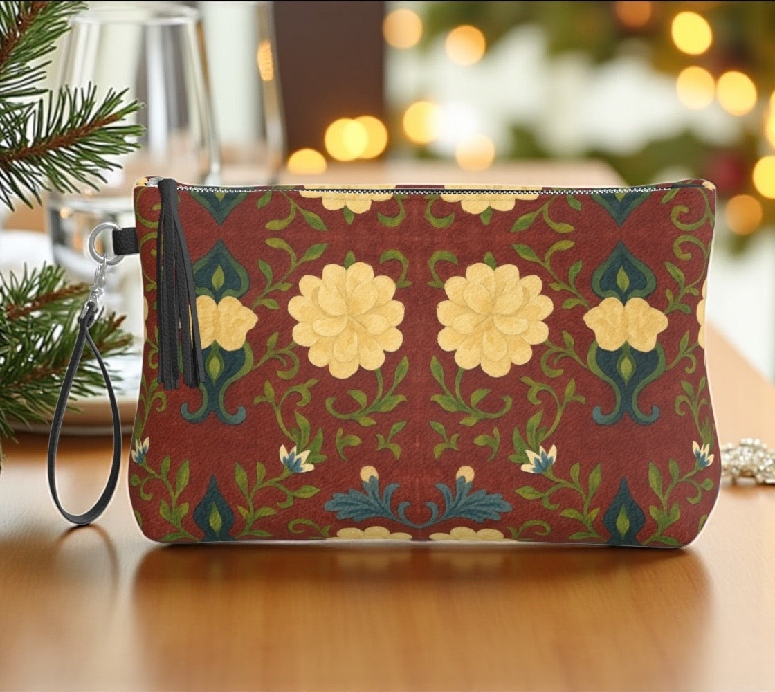 Imperial Peonies Cranberry Vegan Leather Clutch Wristlet
