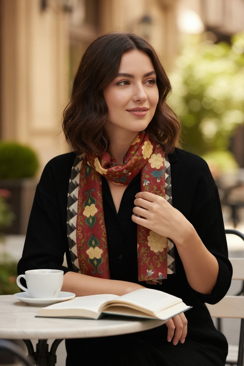 Imperial Peonies Cranberry Black Check Silk Long Scarf