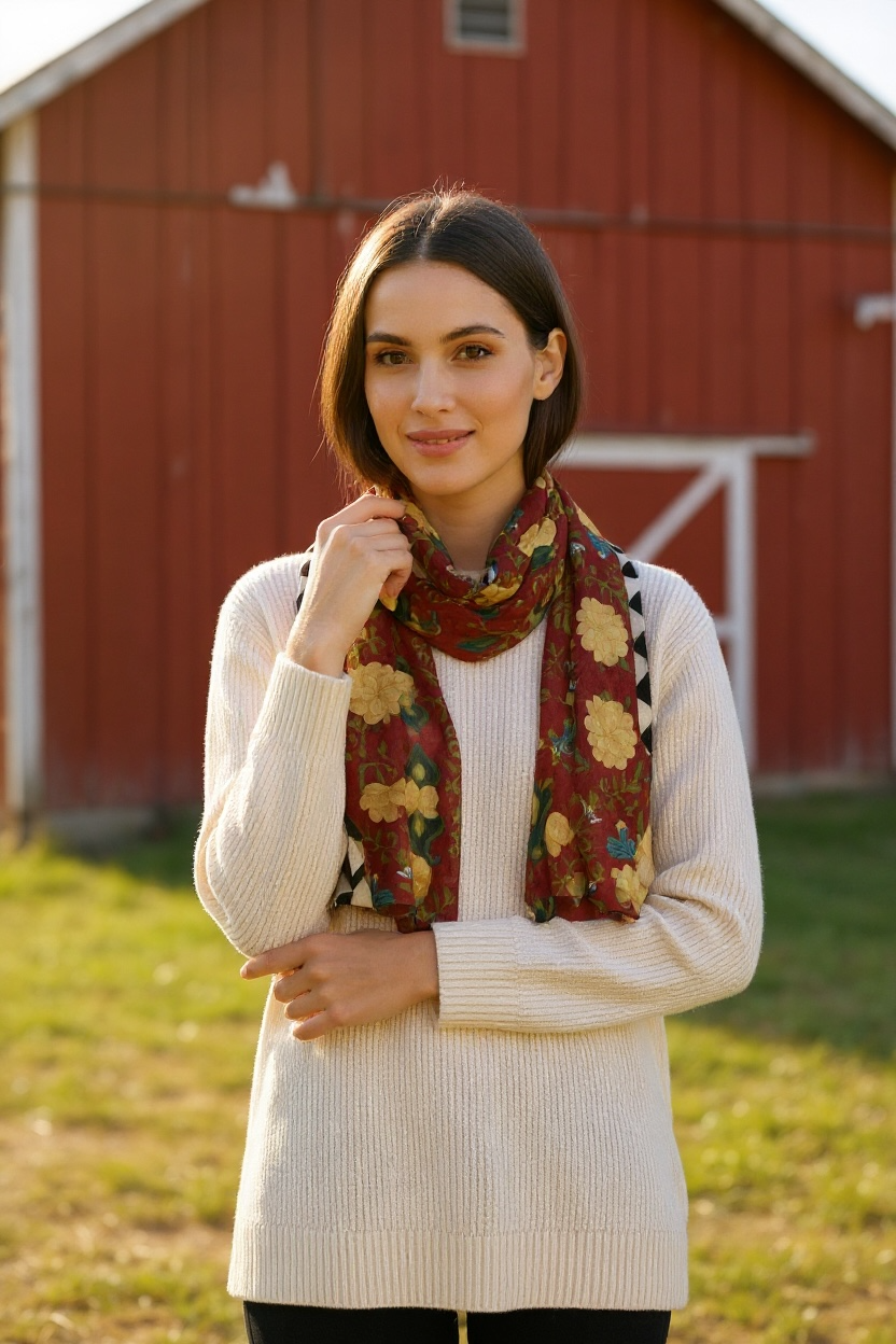 Imperial Peonies Cranberry Black Check Silk Long Scarf