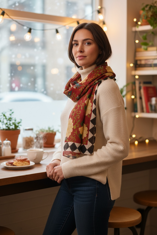 Imperial Peonies Cranberry Black Check Silk Long Scarf