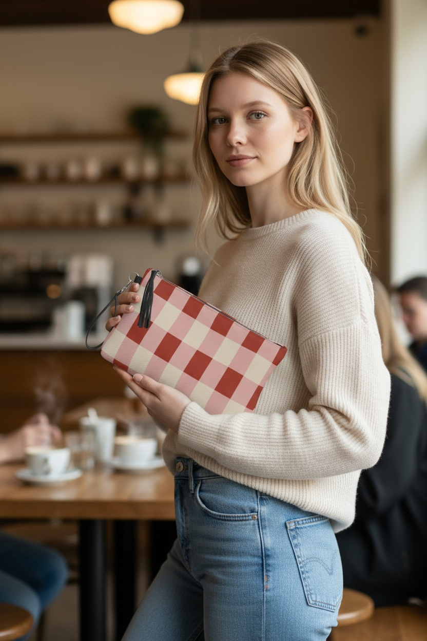 Red Gingham Vegan Leather Clutch Wristlet
