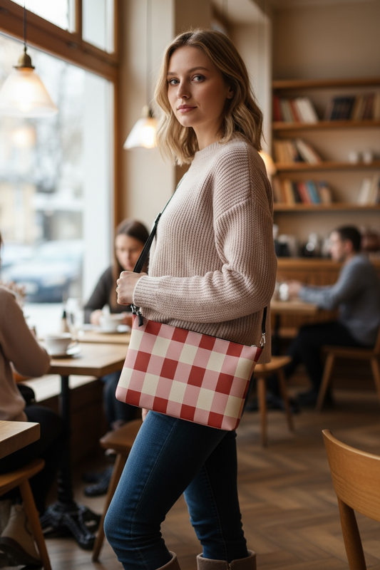 Red Gingham Vegan Leather Crossbody Purse