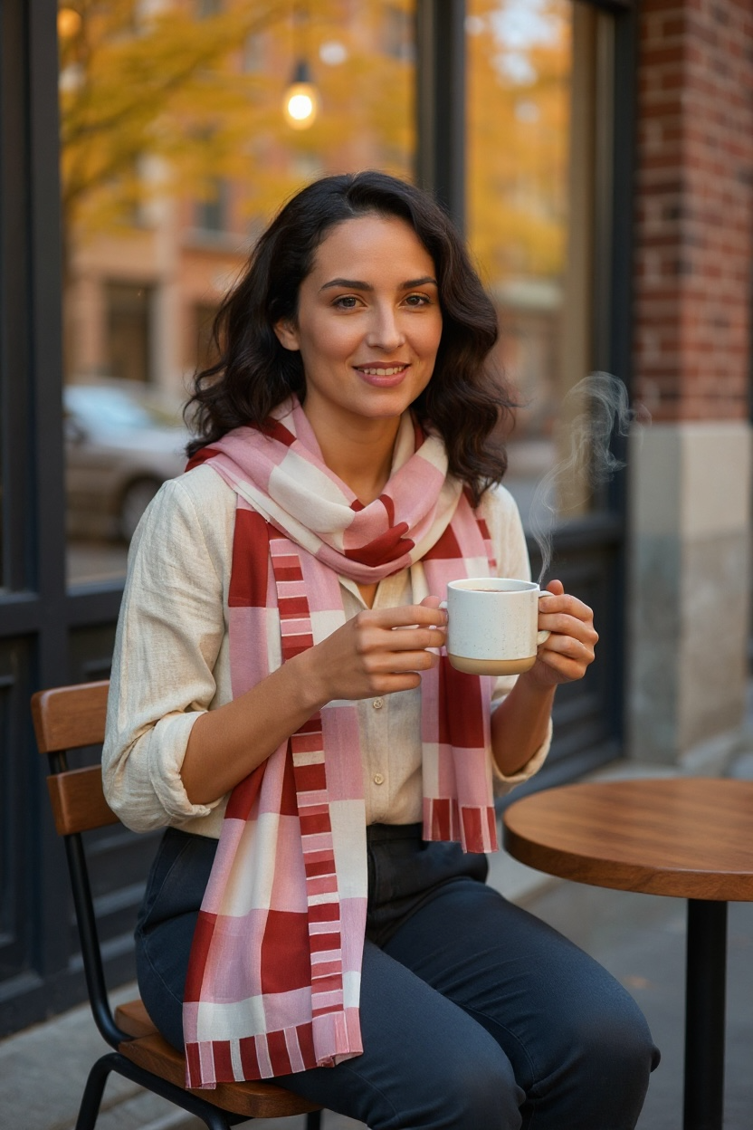 Red Gingham Silk Long Scarf