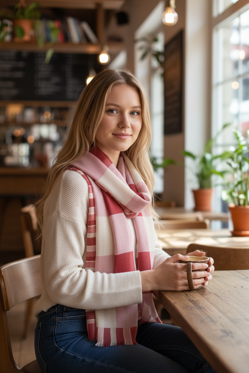 Red Gingham Silk Long Scarf