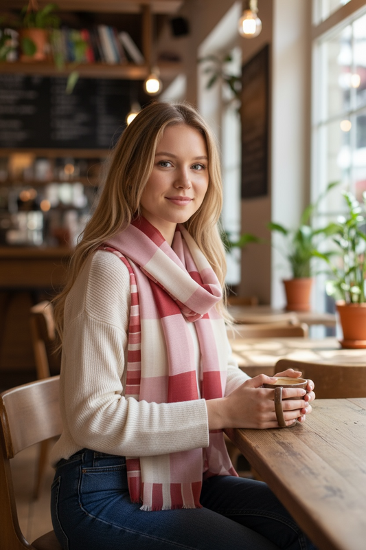 Red Gingham Silk Long Scarf