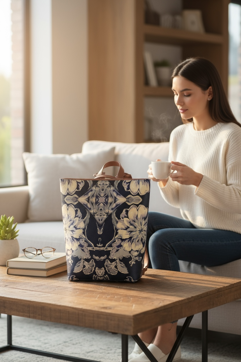 Blue Fleur Damask Vegan Leather Backpack