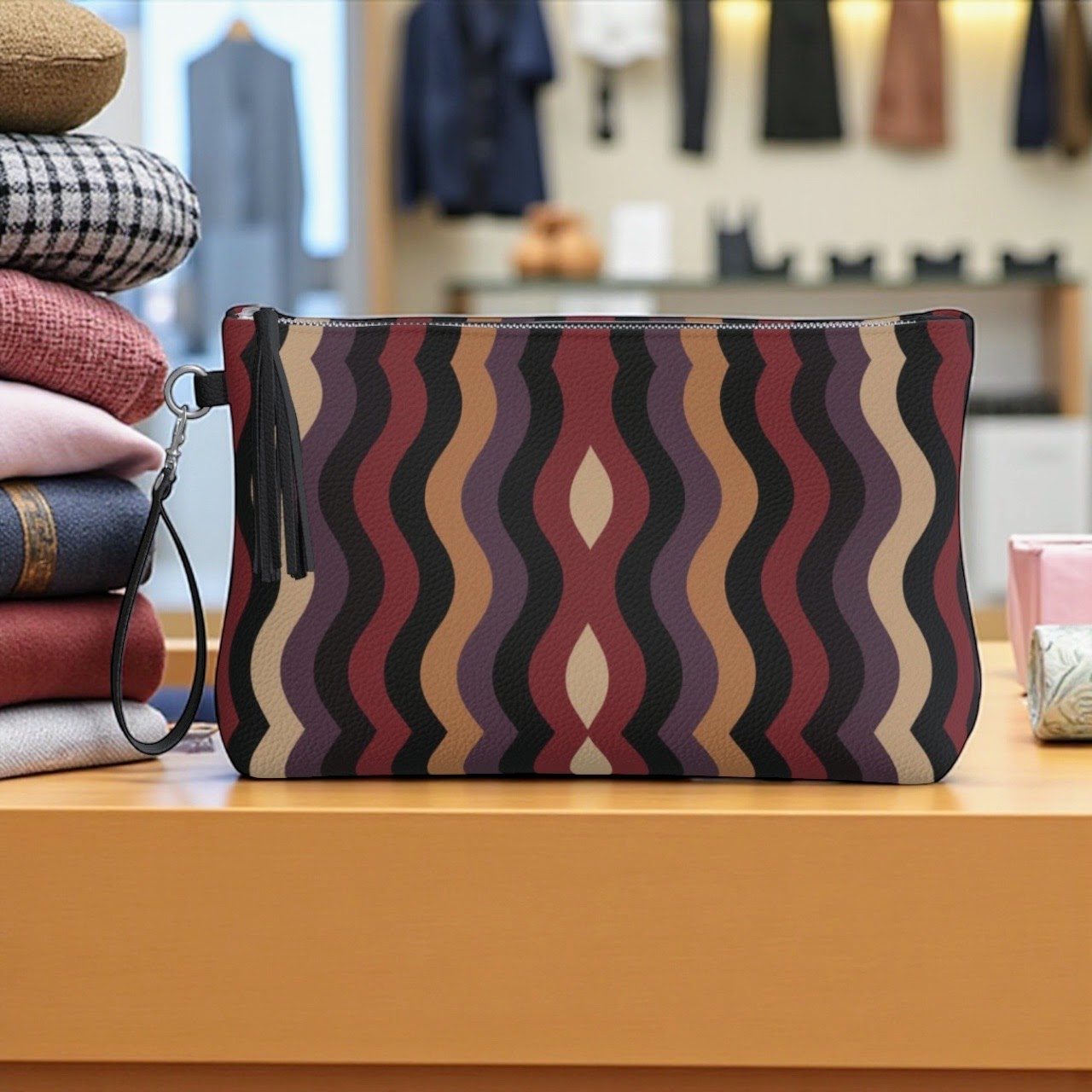 Burgundy Little Waves Vegan Leather Clutch Wristlet