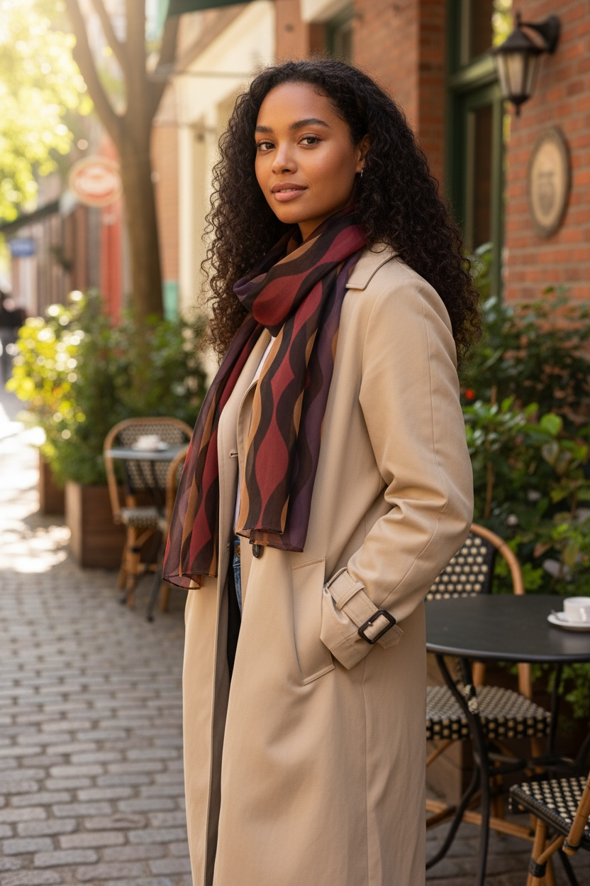 Burgundy Little Waves Silk Long Scarf