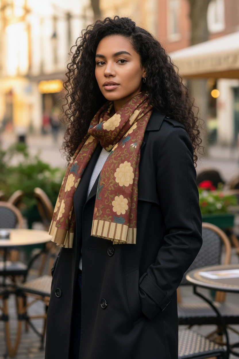 Imperial Peonies Cranberry Brown Stripe Silk Long Scarf