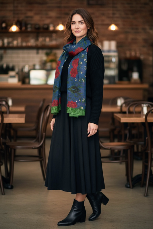 Imperial Peonies Sapphire Silk Long Scarf