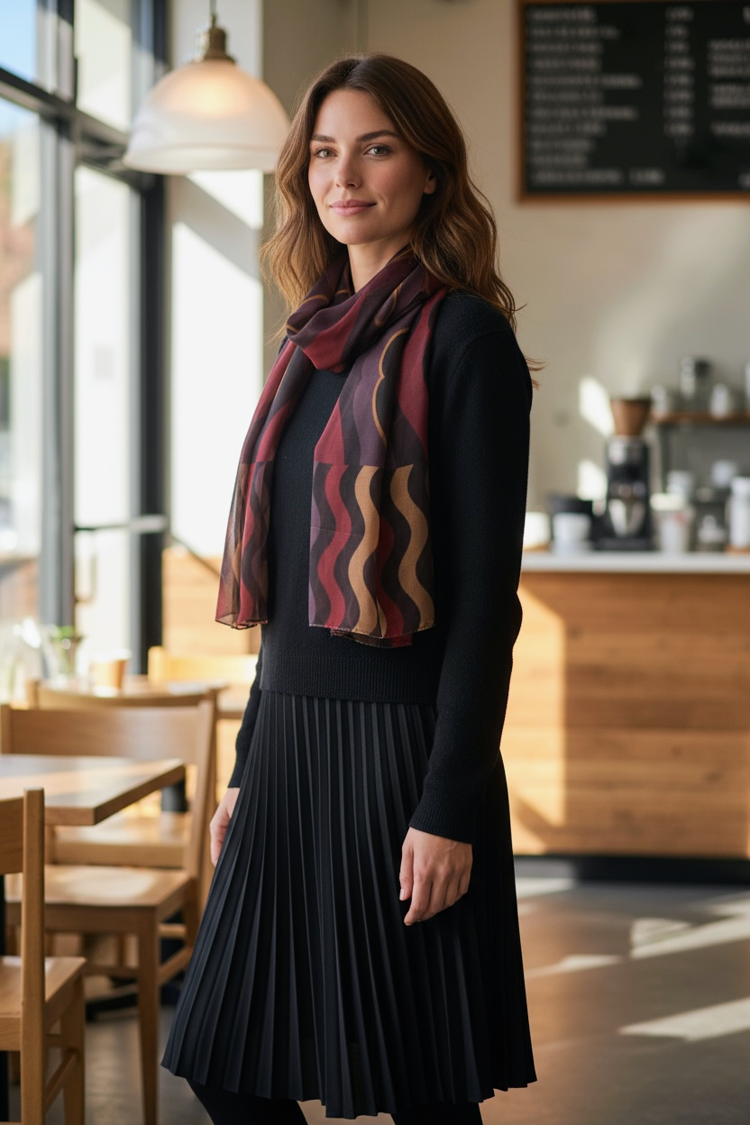 Burgundy Double Waves Silk Long Scarf