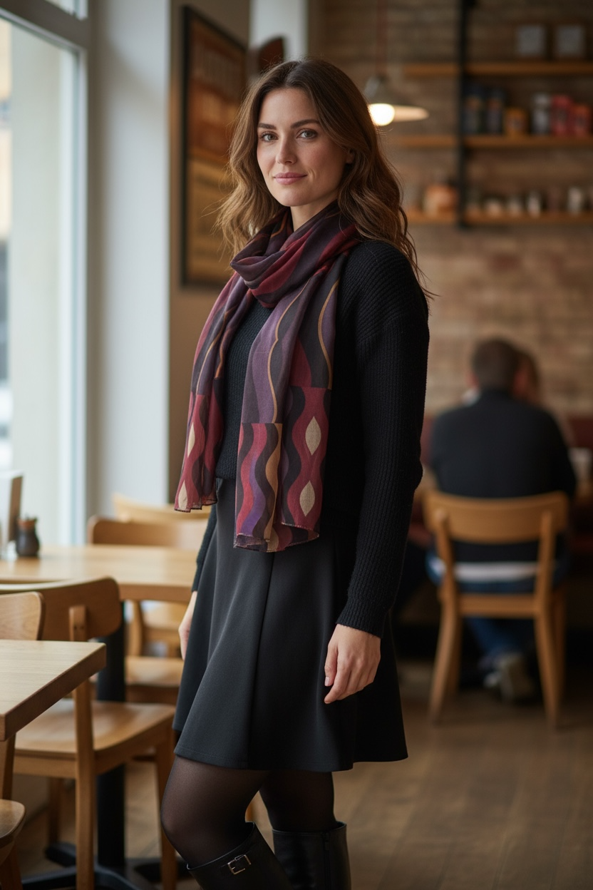 Burgundy Double Waves Silk Long Scarf