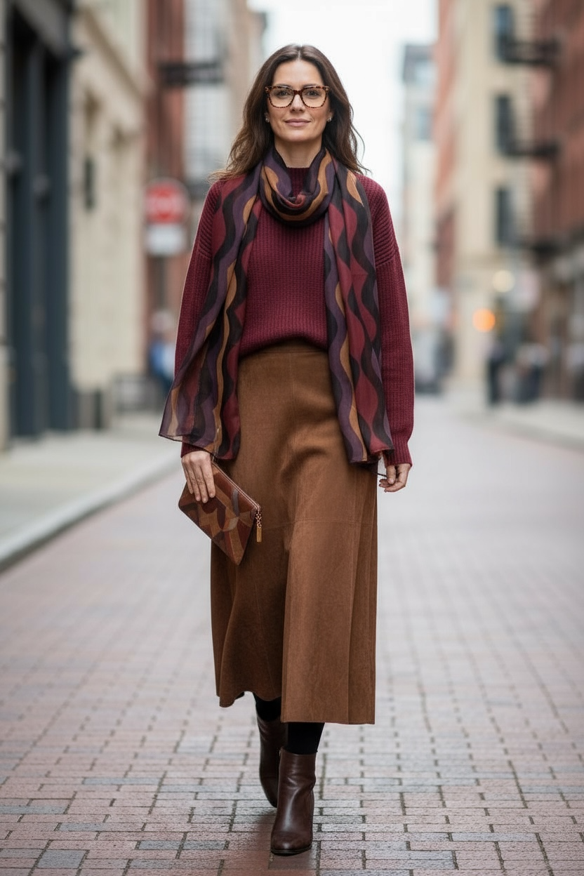 Burgundy Little Waves Silk Long Scarf