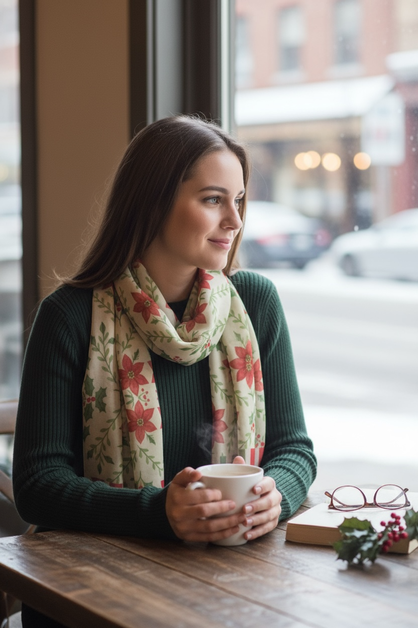 Yuletide Bloom with Stripes Holiday Silk Long Scarf