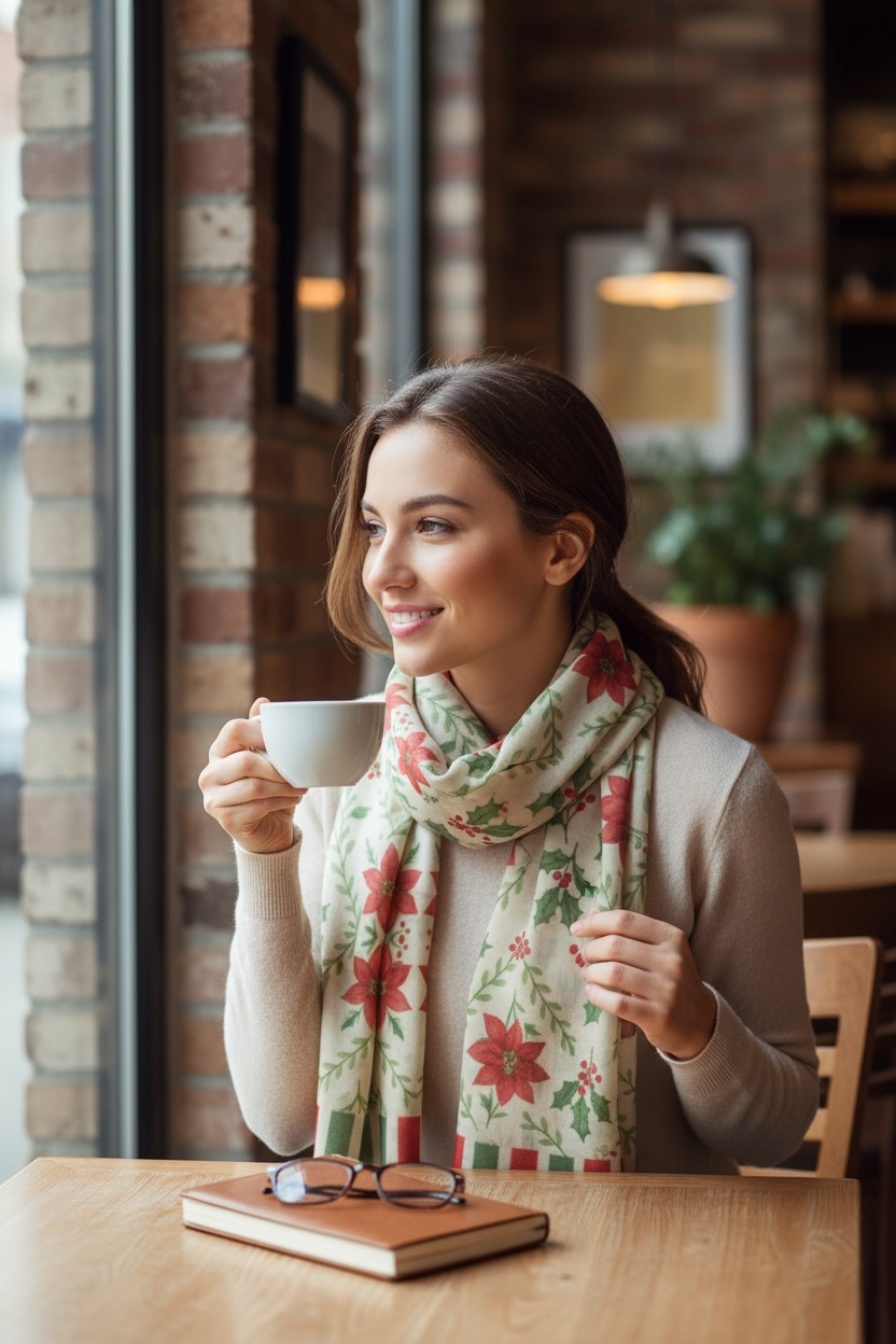 Yuletide Bloom with Stripes Holiday Silk Long Scarf