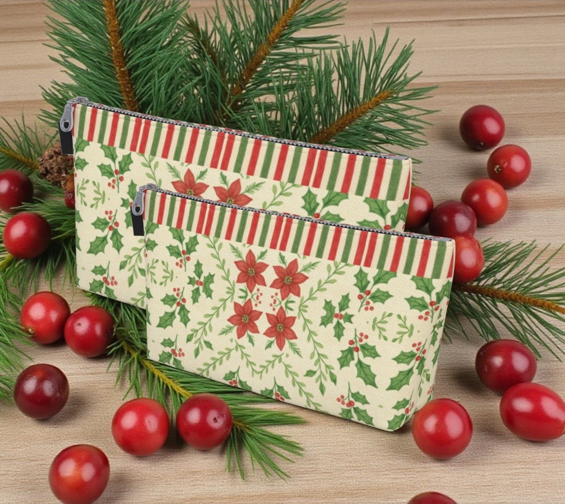 Yuletide Bloom Stripes Holiday Makeup Bag