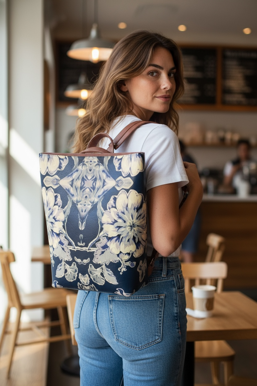 Blue Fleur Damask Vegan Leather Backpack