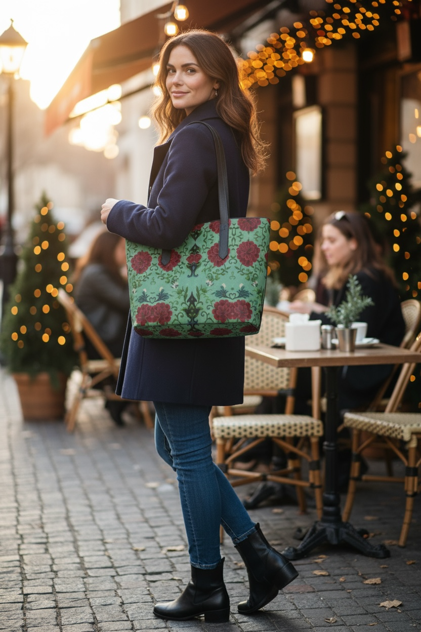 Imperial Peonies Mint Vegan Leather Tote Bag