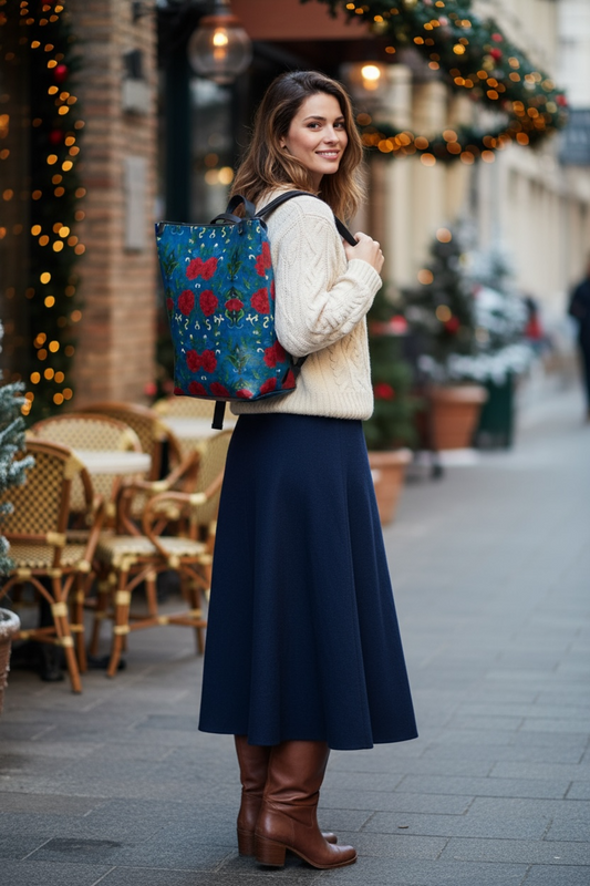 Imperial Peonies Sapphire Vegan Leather Backpack